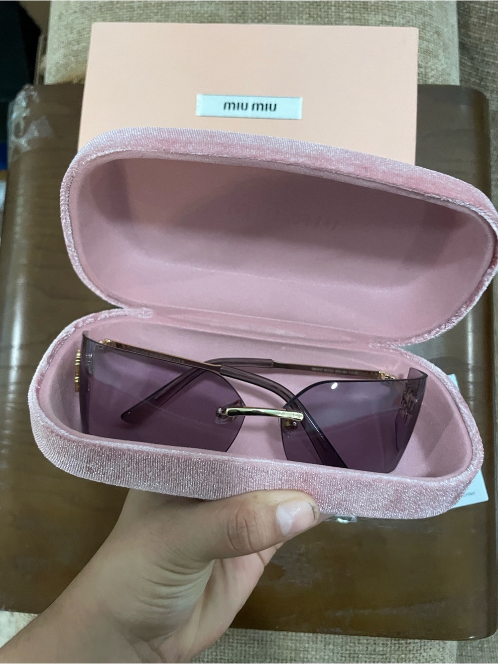 Miu Miu Pink Lens Rimless Sunglasses with Gold Bridge - Picture 6 of 7